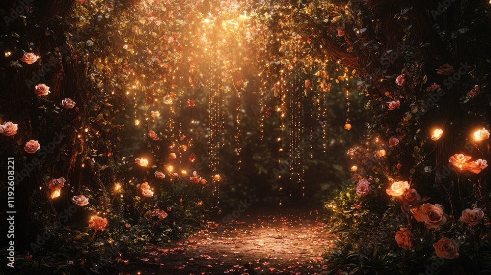 Poster Magical forest pathway adorned with luminous lights and vibrant roses creating an enchanting background atmosphere