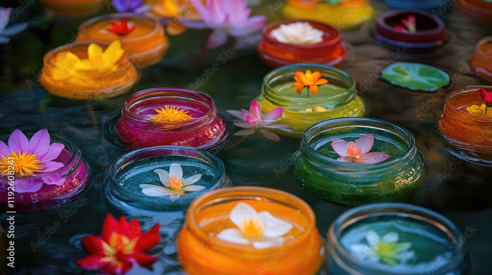 Aufkleber Vibrant round jars with flowers floating on water creating a colorful and lively aquatic display in a serene environment