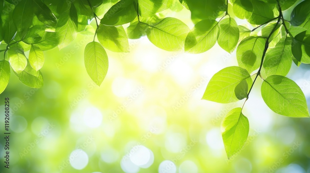 Poster sunlit bokeh through vibrant green leaves creating a serene nature background with soft focus and de
