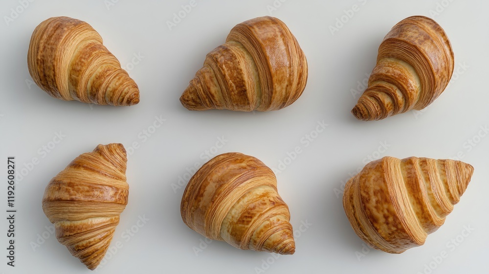 Poster freshly baked croissants arranged in an artistic display on a clean surface showcasing their flaky t