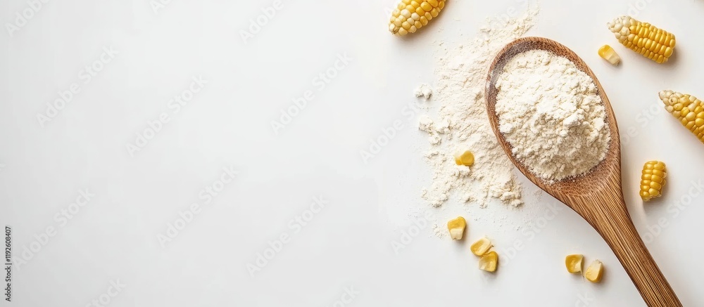 Poster Corn flour and fresh sweet corn cobs arranged on a white background showcasing natural ingredients with space for adding custom text