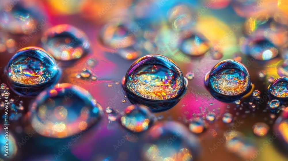 Poster vibrant water droplets creating colorful reflections on smooth wet surfaces