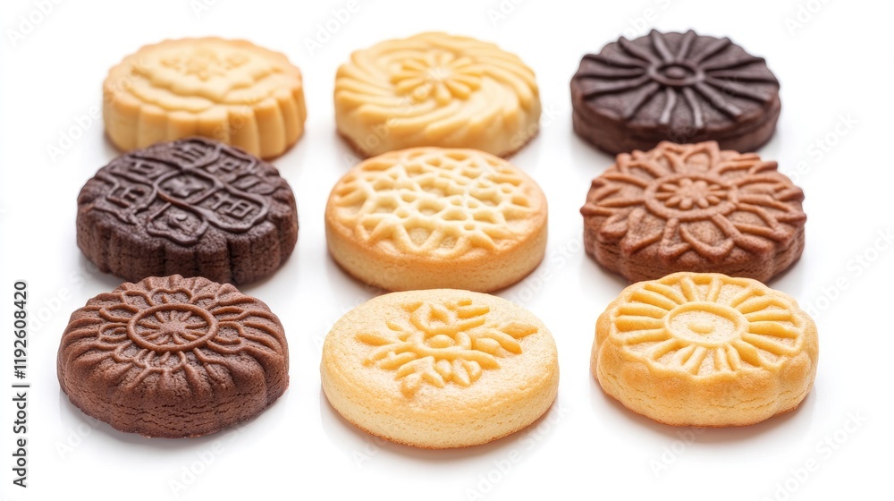Poster assorted decorative cookies on white background ideal for sweets and baking themes