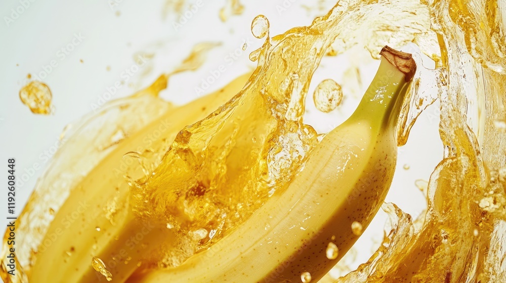 Poster fresh bananas splashing into vibrant liquid with dynamic water droplets on a bright background