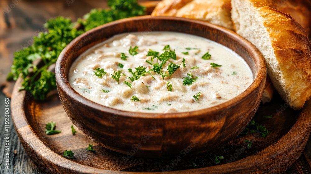 Poster bowl of traditional zurek soup with fresh sourdough rye bread on wooden plate surrounded by parsley 
