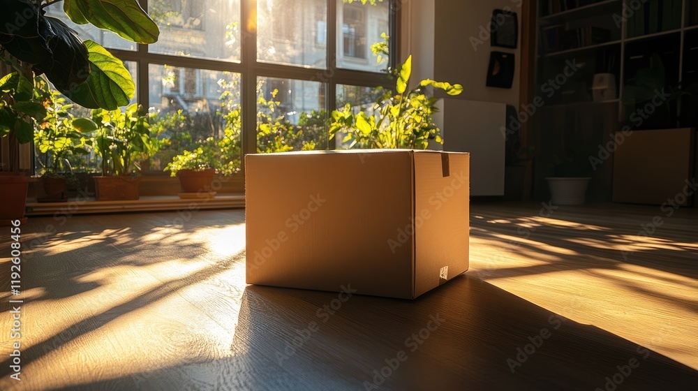 Poster cardboard box illuminated by sunlight in a cozy room with plants and a large window creating warm at