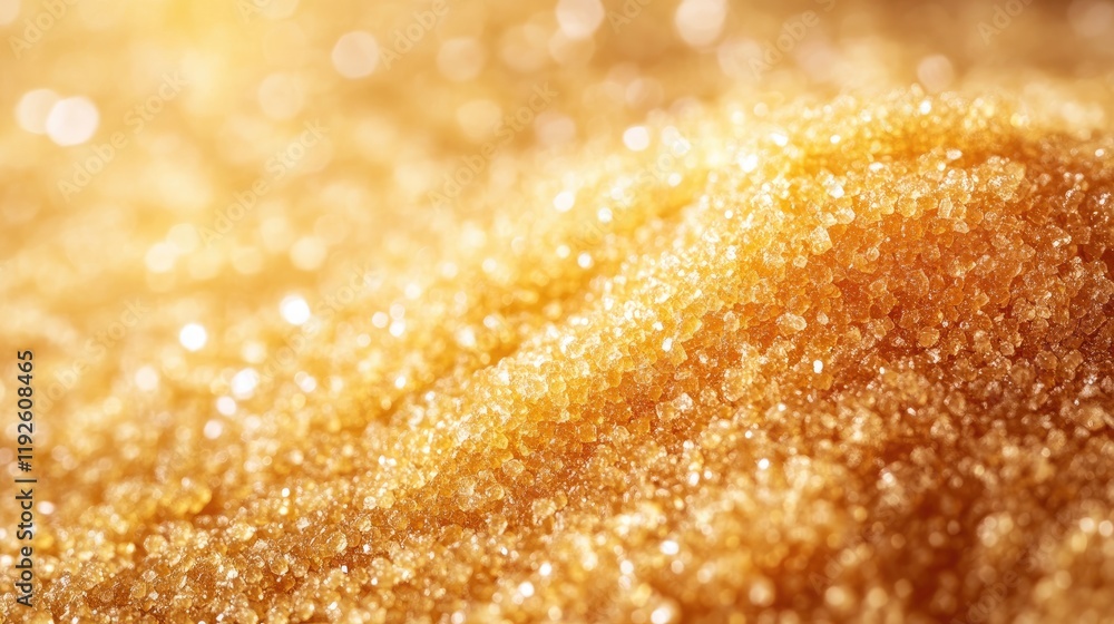Poster golden cane sugar macro texture with shimmering crystals in soft light creating a warm and inviting 