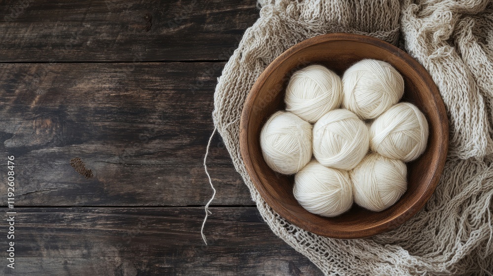Poster bowl of soft white cotton threads on rustic wooden background with empty space for creative text or 