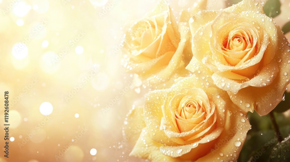 Poster yellow roses in close-up detail featuring raindrops on petals with a soft blurred background and spa