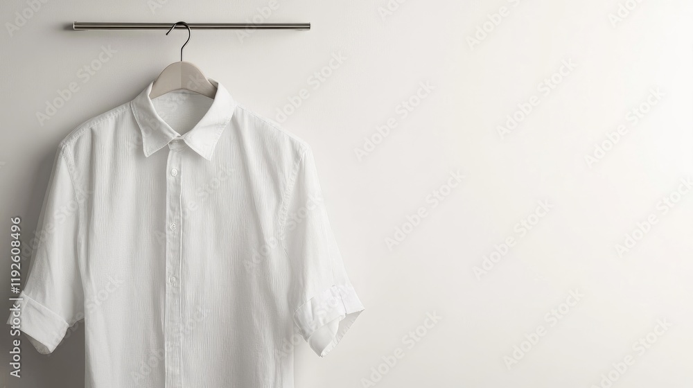 Poster white shirt hanging on a hanger against a blank wall space for text or branding display in a minimal