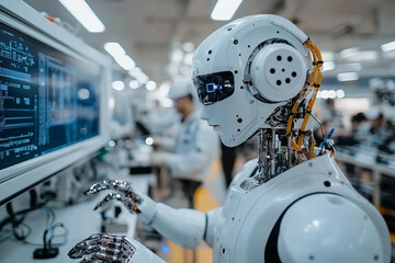 Fototapeta premium A close-up of a humanoid robot's face, with other robots in the background AI generative