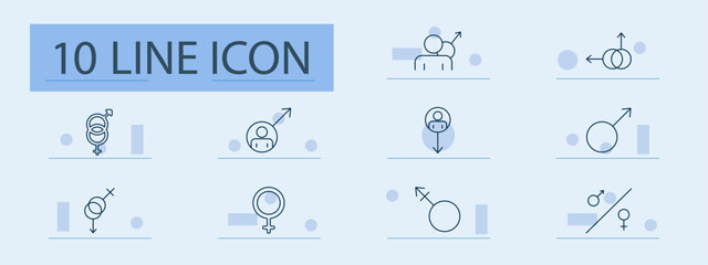 Gender equality and demographics set icon. Symbols, male, female, gender mix, progression, balance, chart, representation, direction