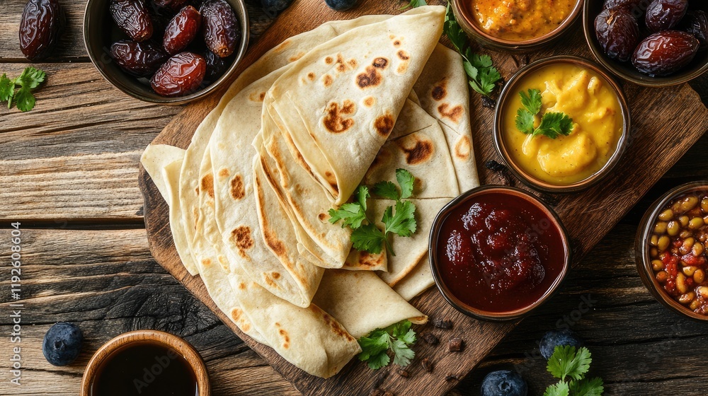 Poster artisan roti platter featuring vibrant chutneys fresh dates and seasonal fruits on a rustic wooden t