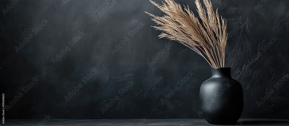 Poster elegant black vase with dried grass on a dark background showcasing minimalist still life decor perf