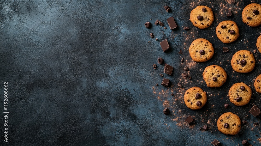 Aufkleber Cookies with chocolate drops arranged on a rustic baking sheet with space for text high quality culinary background image