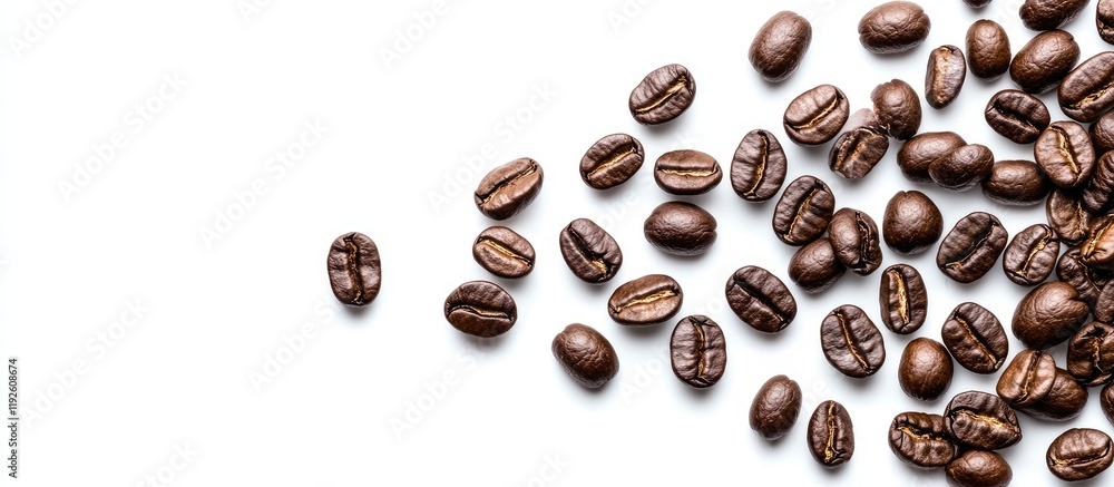 Poster Black coffee beans scattered on a clean white background with ample empty space for customizable text or promotional content