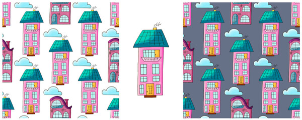 Houses. Set city seamless patterns. Pattern in hand draw style