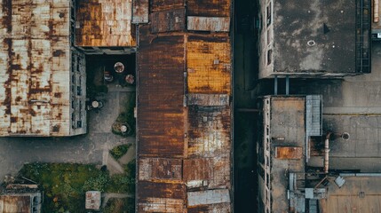 Aerial view of rusty industrial building rooftops with empty space for text in an abandoned village setting in wide format photography