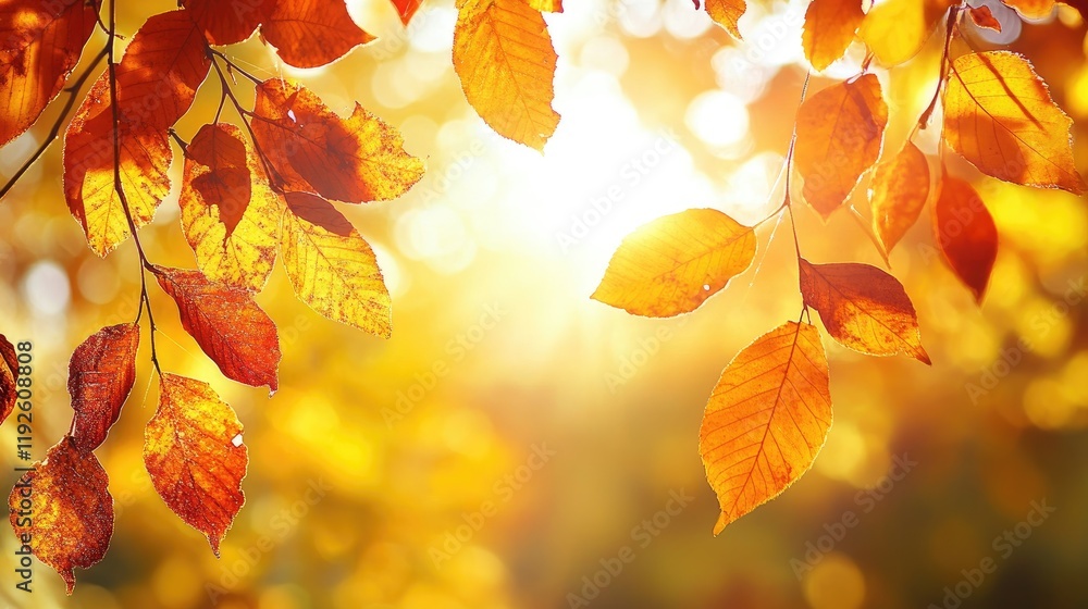 Poster sunlight illuminating vibrant autumn leaves creating a dreamy bokeh effect in a serene natural setti