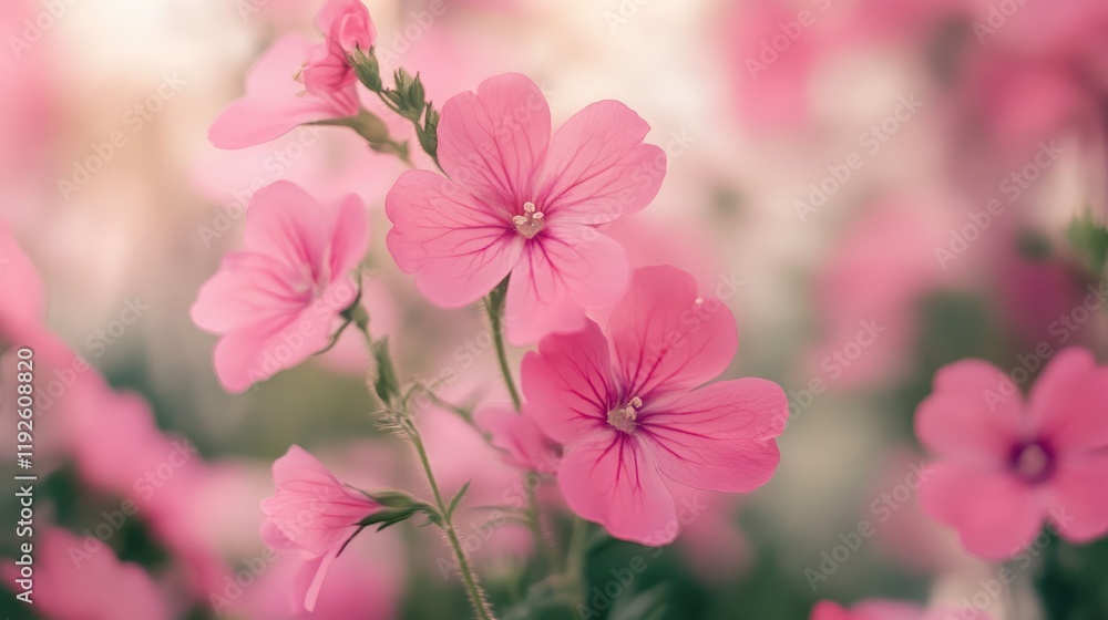 Poster Pink flowers in sharp focus with a blurred background creating a soft and dreamy floral atmosphere in a garden setting.