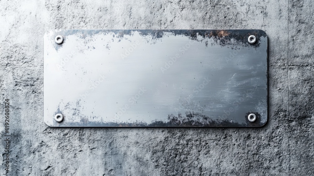 Poster metal nameplate on textured concrete wall with blank space for custom text useful for signage or bra
