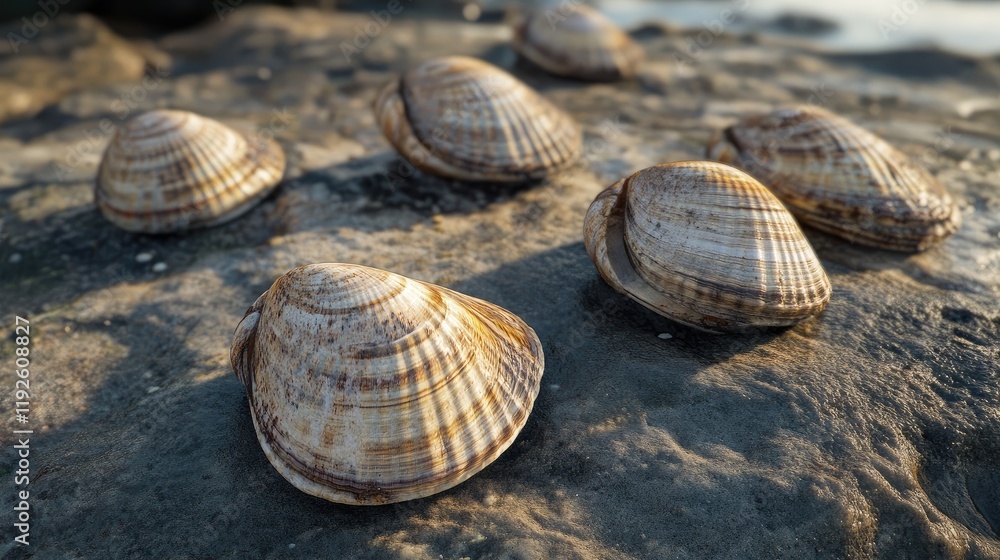 Poster seashells clustered on rocky shore showcasing natural textures and patterns in a serene coastal envi