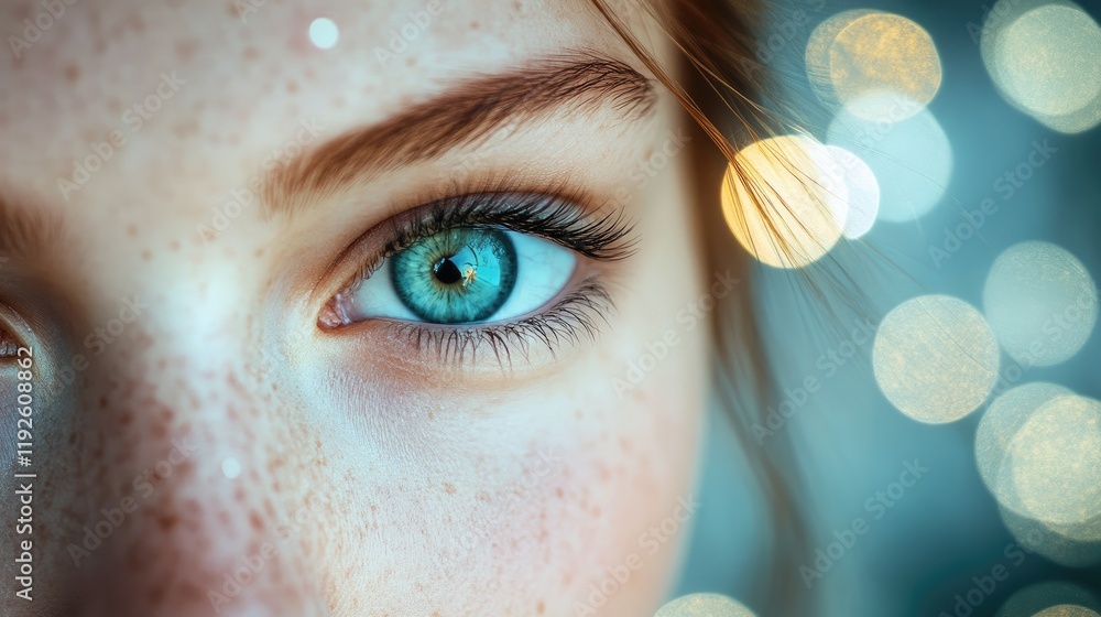 Poster close-up of a woman's eye with stunning blue iris and soft bokeh background creating an artistic and