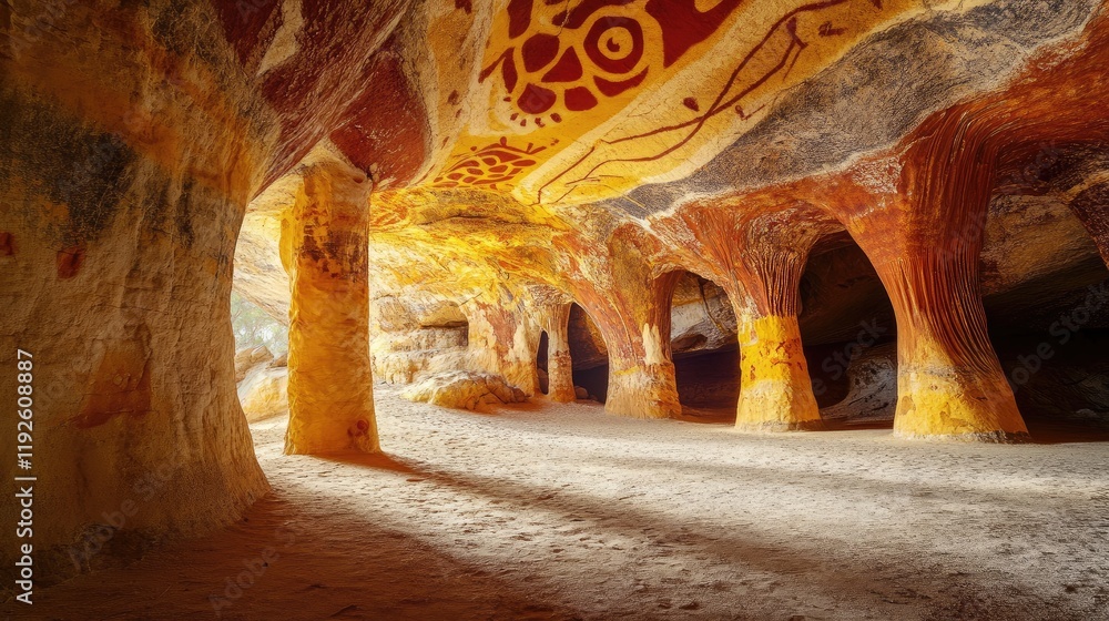 Poster vibrant sandstone caves with intricate patterns and colorful rock formations illuminated by natural 