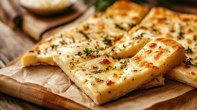 Savory slices of freshly baked bryndza cheese bread topped with herbs on a rustic wooden board