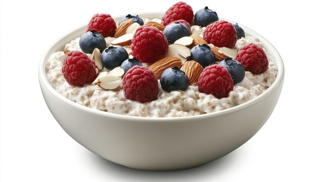Healthy breakfast bowl filled with oatmeal topped with fresh raspberries blueberries and almonds for a nutritious meal option