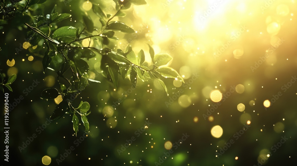 Poster bokeh lighting effects with natural foliage creating a serene and vibrant backdrop for various desig