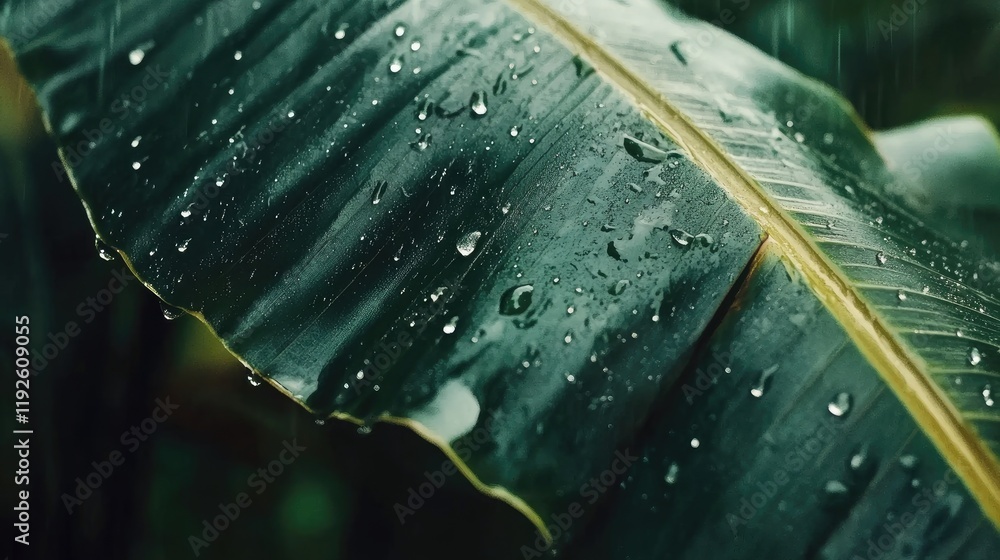 Poster macro shot of banana leaf showcasing raindrops and dew droplets in a serene natural backdrop conveyi