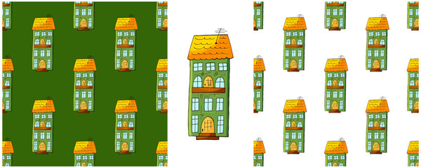 Houses. Set city seamless patterns. Pattern in hand draw style