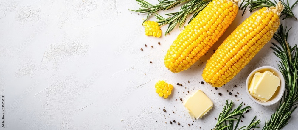 Poster Corn on the cob with butter and rosemary on a light background with empty space for text and design elements