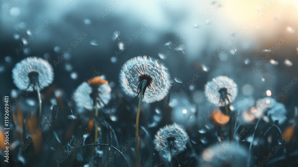 Aufkleber Dandelion flowers in bloom with soft light creating a serene atmosphere and drifting seeds in a tranquil natural setting