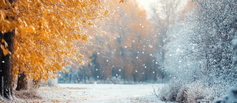 Poster Yellow Winter Forest Landscape with Snowfall and Empty Space for Text in a Cold Atmospheric Setting