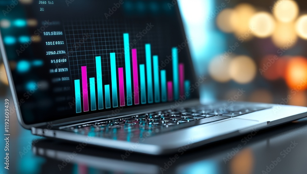 Poster close-up of advanced laptop displaying dynamic graph with upward arrows, representing stock market g