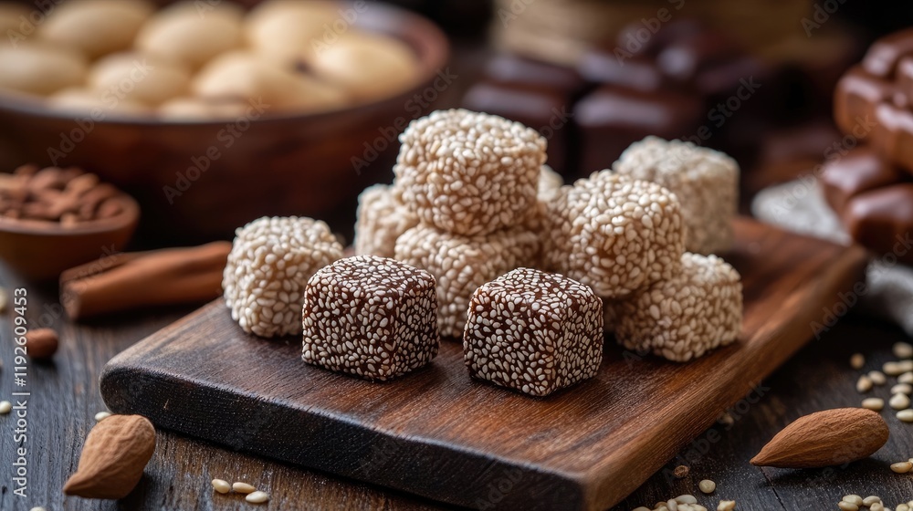 Poster sesame and cake candies arranged on a wooden board with nuts and chocolates in a rustic setting for 