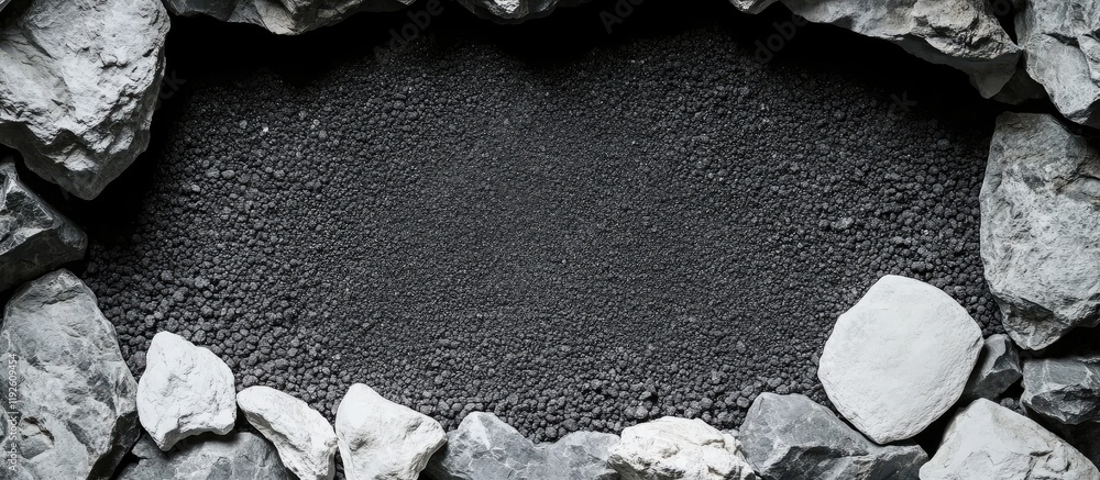 Poster dark sand cave with white marble and gravel pebbles creating an empty space for text or branding in 