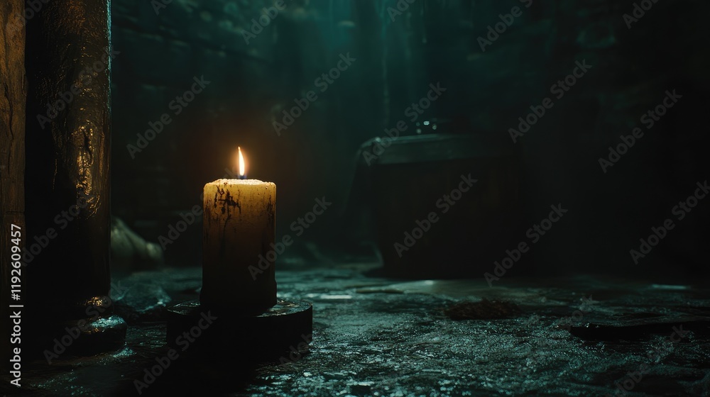 Poster candle illuminating a dark room creating a mysterious atmosphere with shadows and textures in the ba