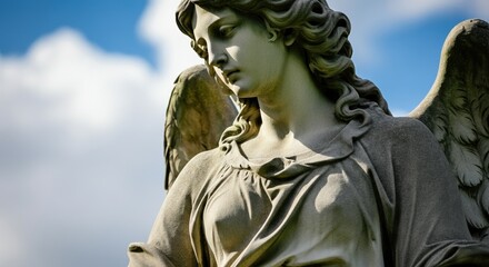 Serene angel statue with detailed wings against a blue sky