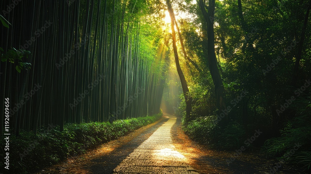Poster serene bamboo forest pathway illuminated by sunlight creating a tranquil and picturesque natural set