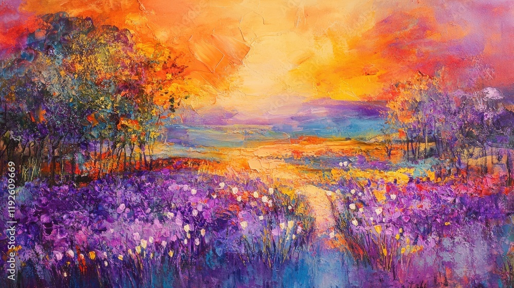 Poster vibrant abstract landscape with colorful crocuses and a sunset sky creating a serene spring atmosphe