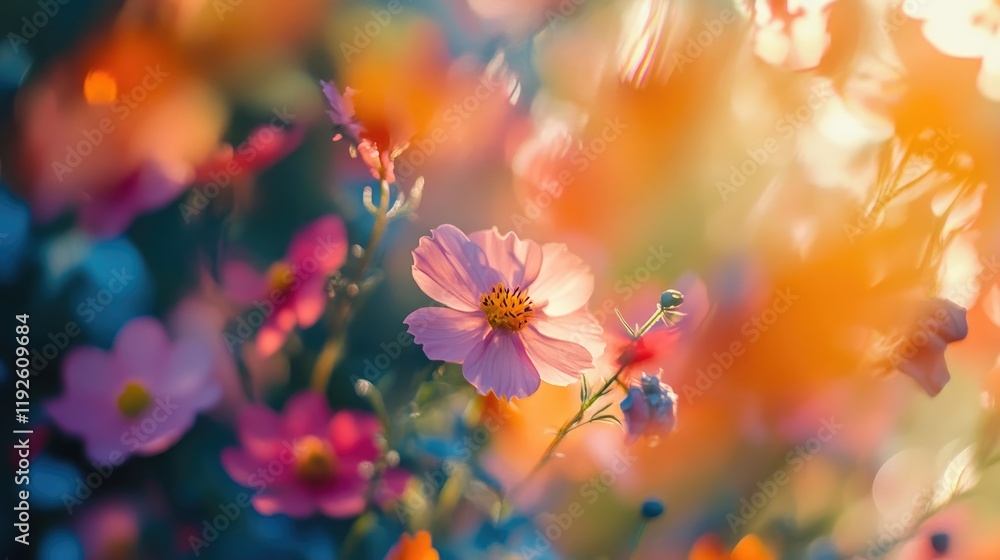 Poster vibrant bokeh flower field with soft colors and dreamy atmosphere for artistic and nature-themed com