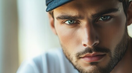 Obraz premium Intense gaze of a male student in a cap reflecting focus and determination in a close-up portrait setting.