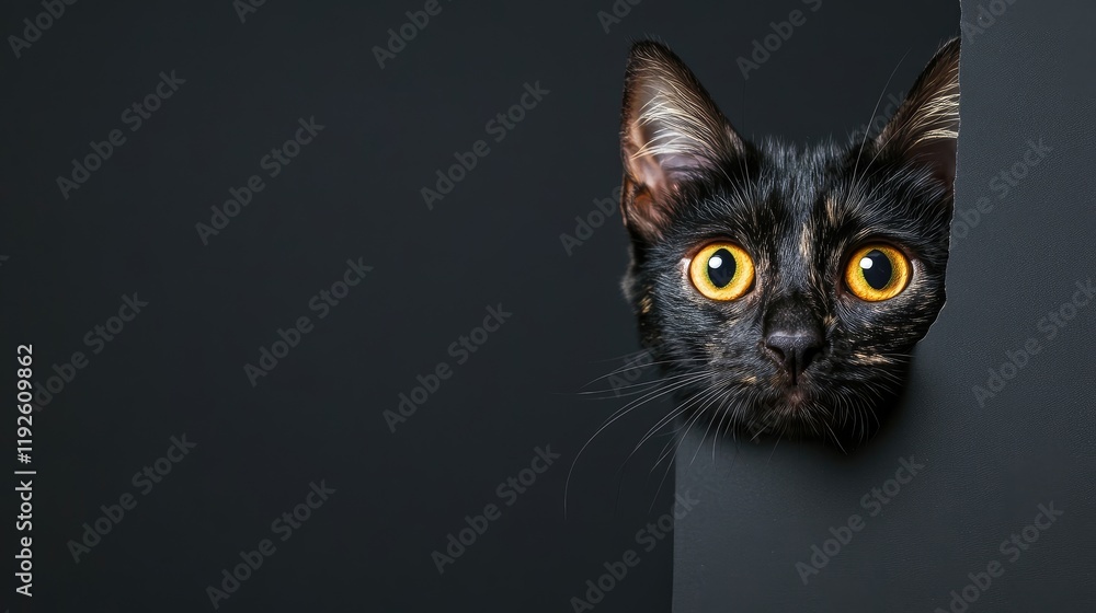 Poster Curious black cat peering from a dark background with ample copyspace for text or messaging purposes