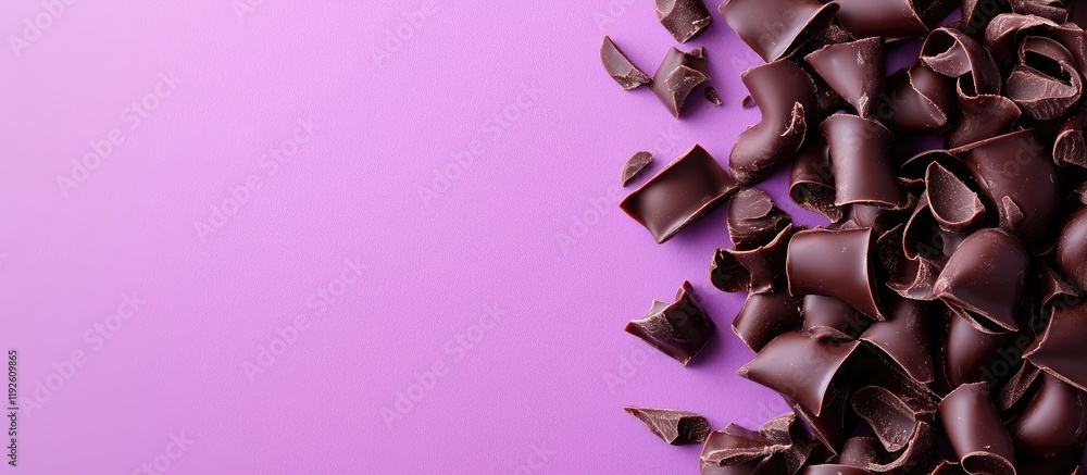 Aufkleber Chocolate curls on a vibrant purple background creating an elegant banner with ample empty space for customized text or branding.