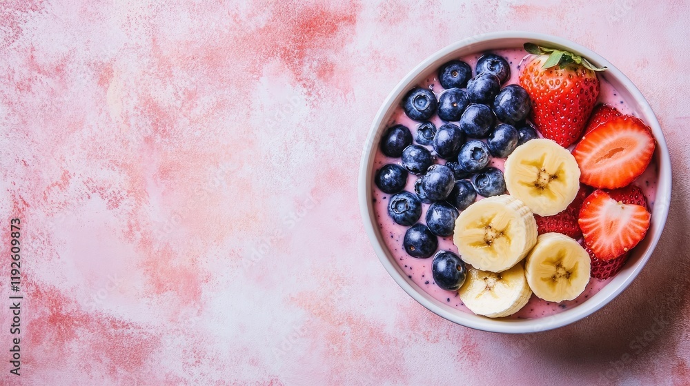 Aufkleber yogurt bowl topped with fresh strawberries blueberries and banana on a pastel pink background with a