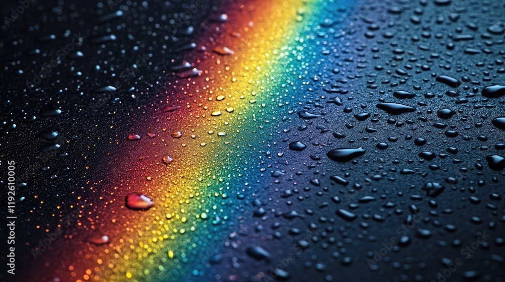 Poster close-up of raindrops on black surface with light refraction creating a vibrant rainbow effect showc