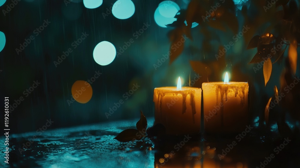 Poster candlelight ambiance at night illuminated by bokeh with raindrops creating a romantic atmosphere in 